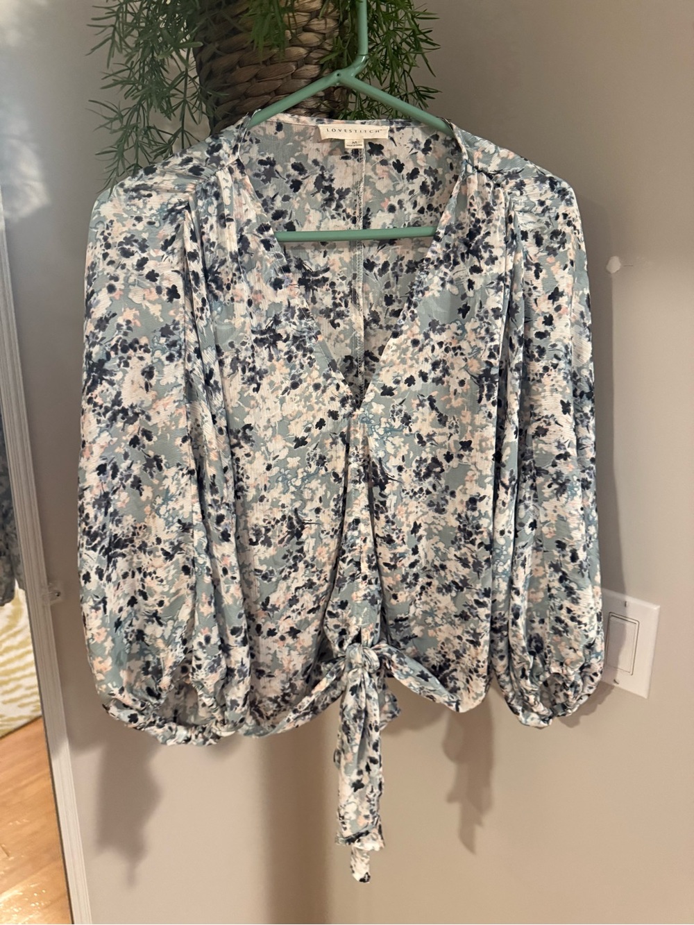 Love Stitch Light Blue Floral Tie-Front Blouse